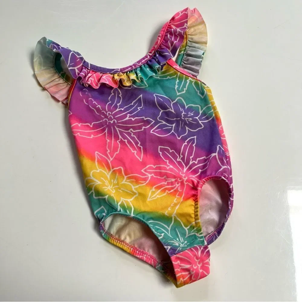 Vintage Peak 90s Neon Rainbow Ruffle One Piece Swim Suit